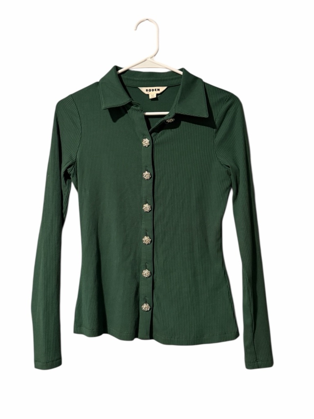 Boden Jewelled Button Ribbed Shirt In Green Size 6 - Picture 2 of 5